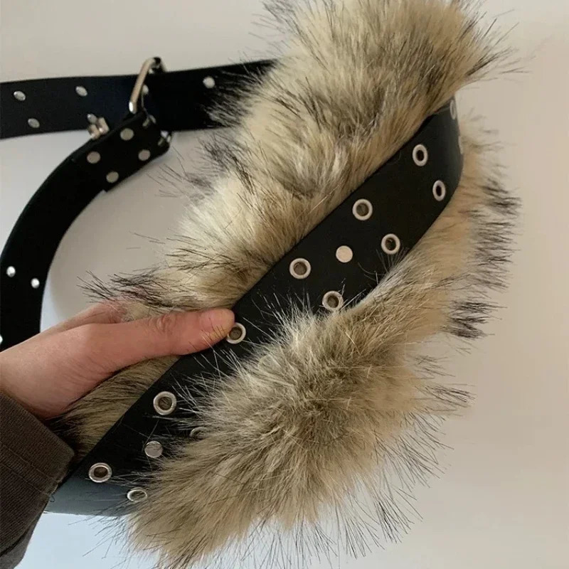 Retro Winter Furry Belt Y2K Subculture Plush Waist Chain Faux Fur Belts Furry Sexy Vintage Waistband Punk Belt Jeans 251013