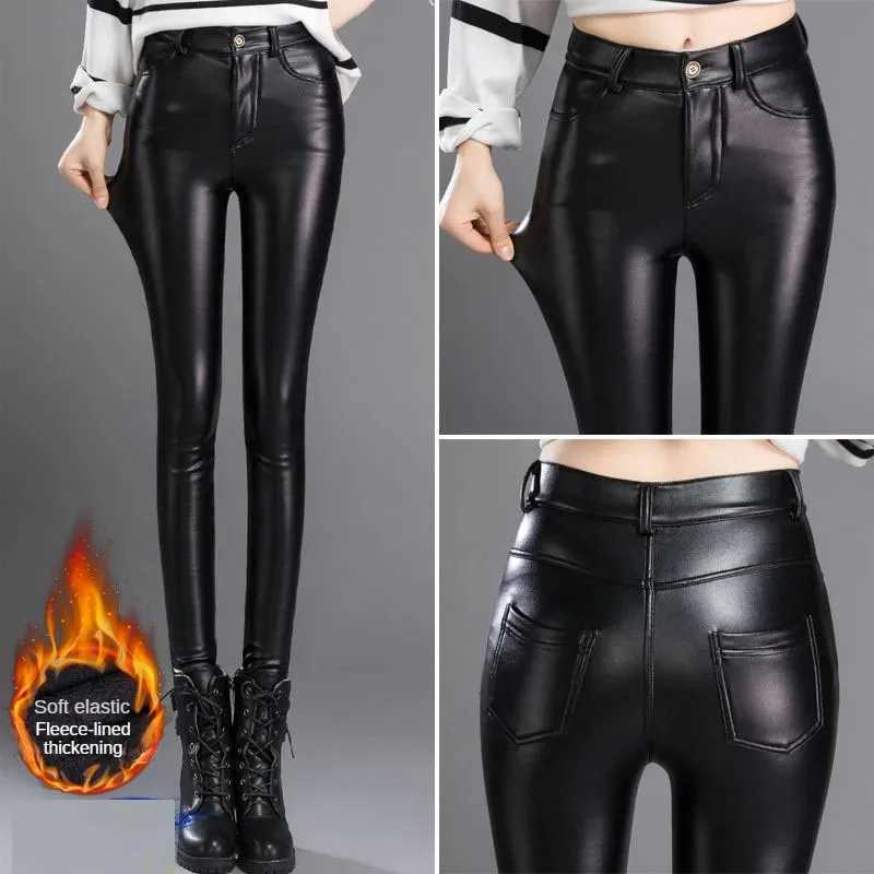 Cashmere PU Leather Pants Womens AutumnWinter 2024 Thickened and Fleece HighWaisted Slim Fit Tight Warm Pants Leggings BlackT251022