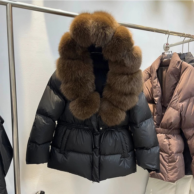 Winter Short Natural Big Fur Collar Down Jacket Women White Duck Hooded Parker Outwears Female Drawstring Warm Thick 251017