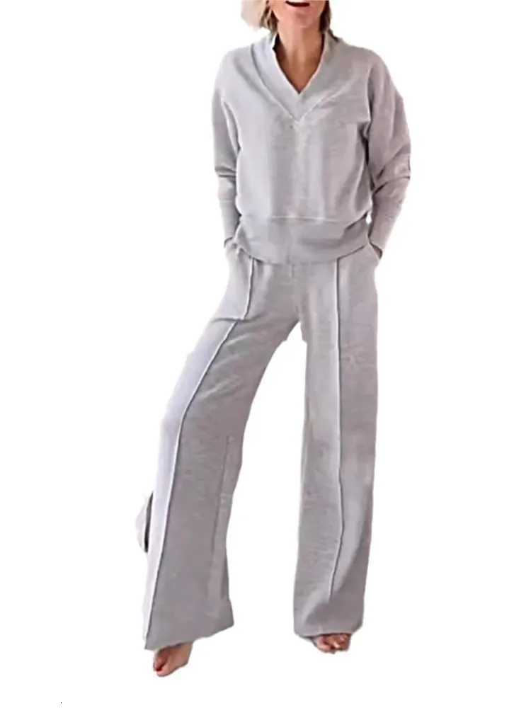 Casual Loose Sweatshirtpants Two Piece Sets Women Fashion Vneck Pullover Sweatshirts Outfits Autumn Winter Wide Leg Pants SuitT251022