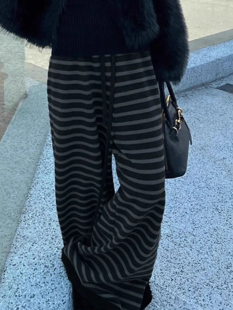 Harajuku Contrast Color Stripe Wide Leg Trousers Vintage Grunge Loose Knitted Casual Pant Y2k Aesthetic Women Straight Pants 251022