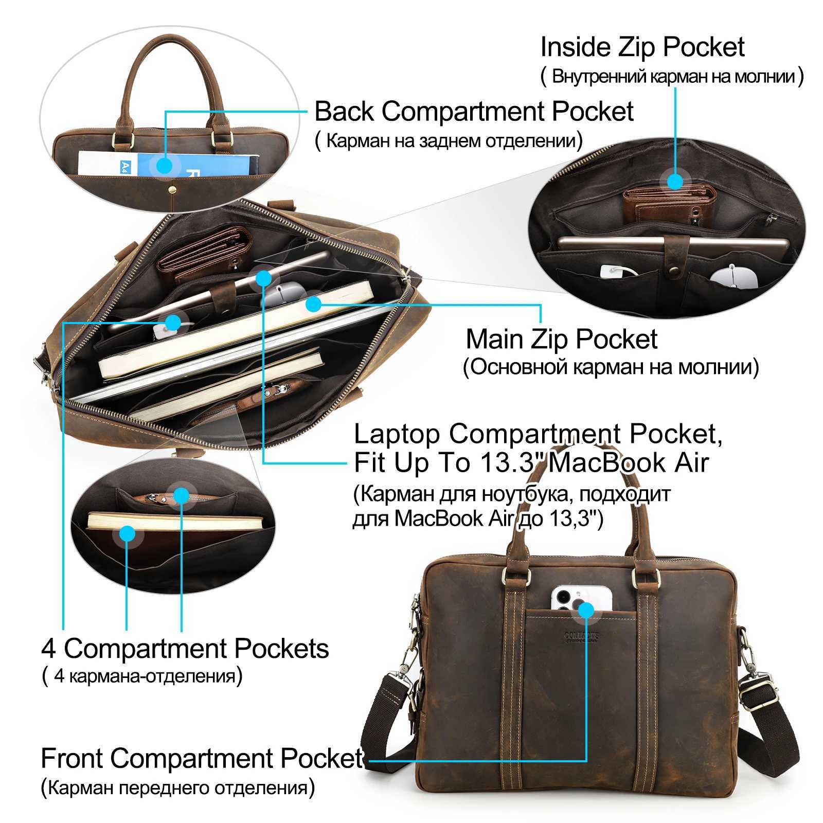 Genuine Crazy Horse Leather Men Laptop Bags Business Mens Briefcase Male Shoulder Tote Handbag Casual Crossbody Bag W251022