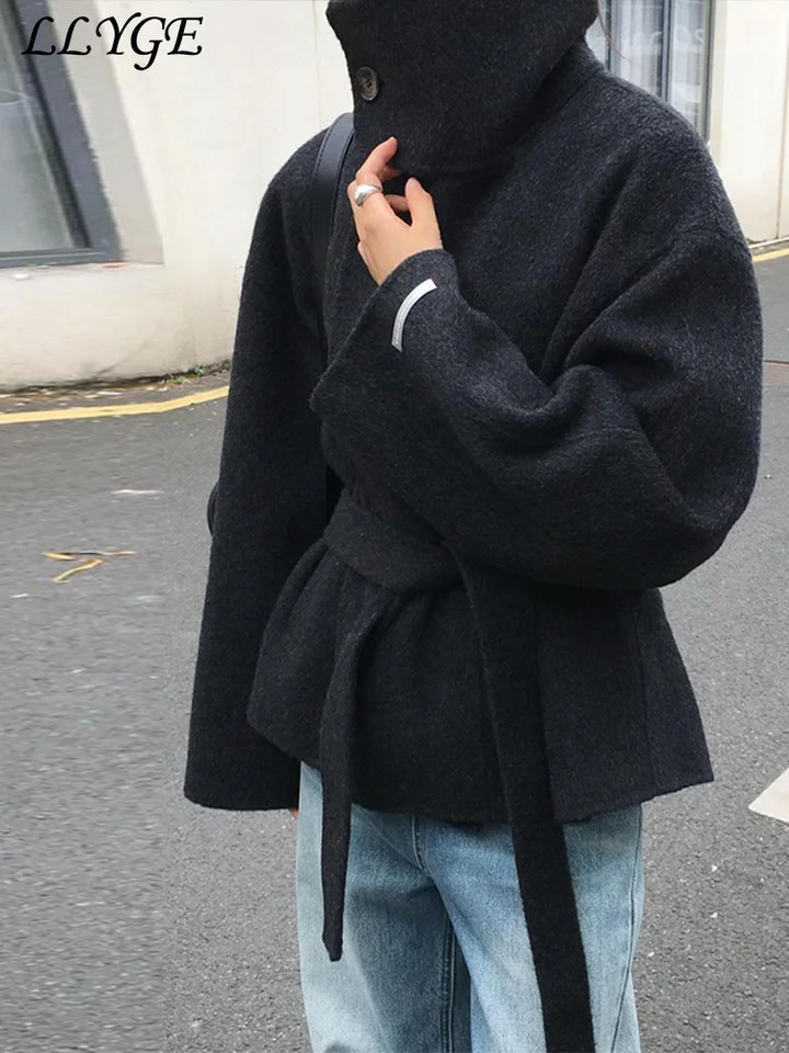 Street Womens Belt Stand Collar Woolen Coats Chic Single Breasted Full Sleeve Jacket Autumn Winter Lady Commute Outwear 251021