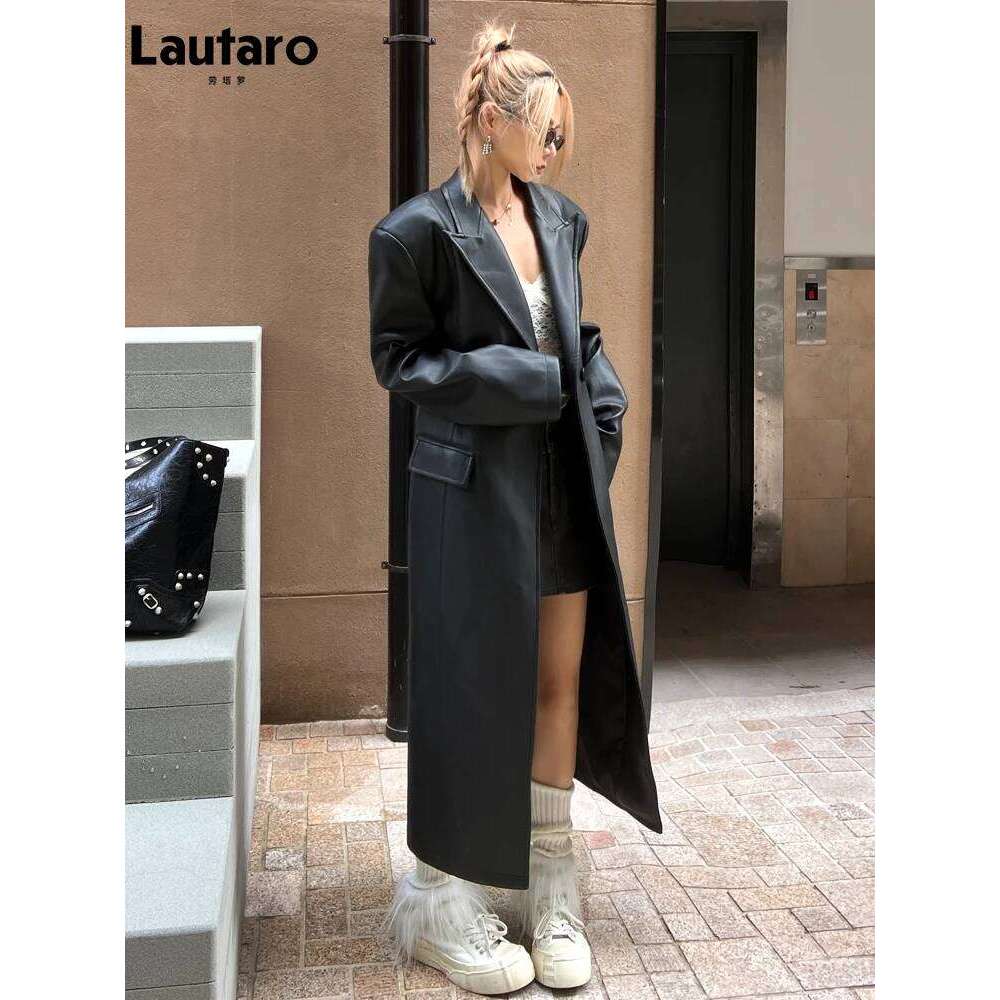 Lautaro Spring Autumn Extra Long Black Loose Pu Trench Coat for Women Shoulder Pads Double Breasted Faux Leather Blazer