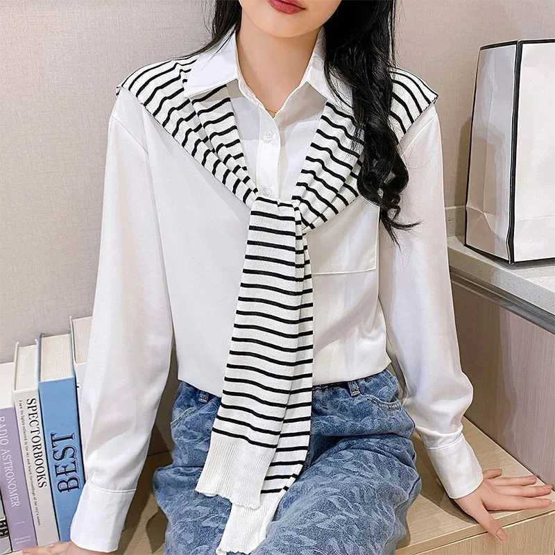 Korean Striped Knitted Warm Shawl Winter Female Blouse Shoulders Fake Collar Cape Knotted Scarf Stripe Outerwear J251118