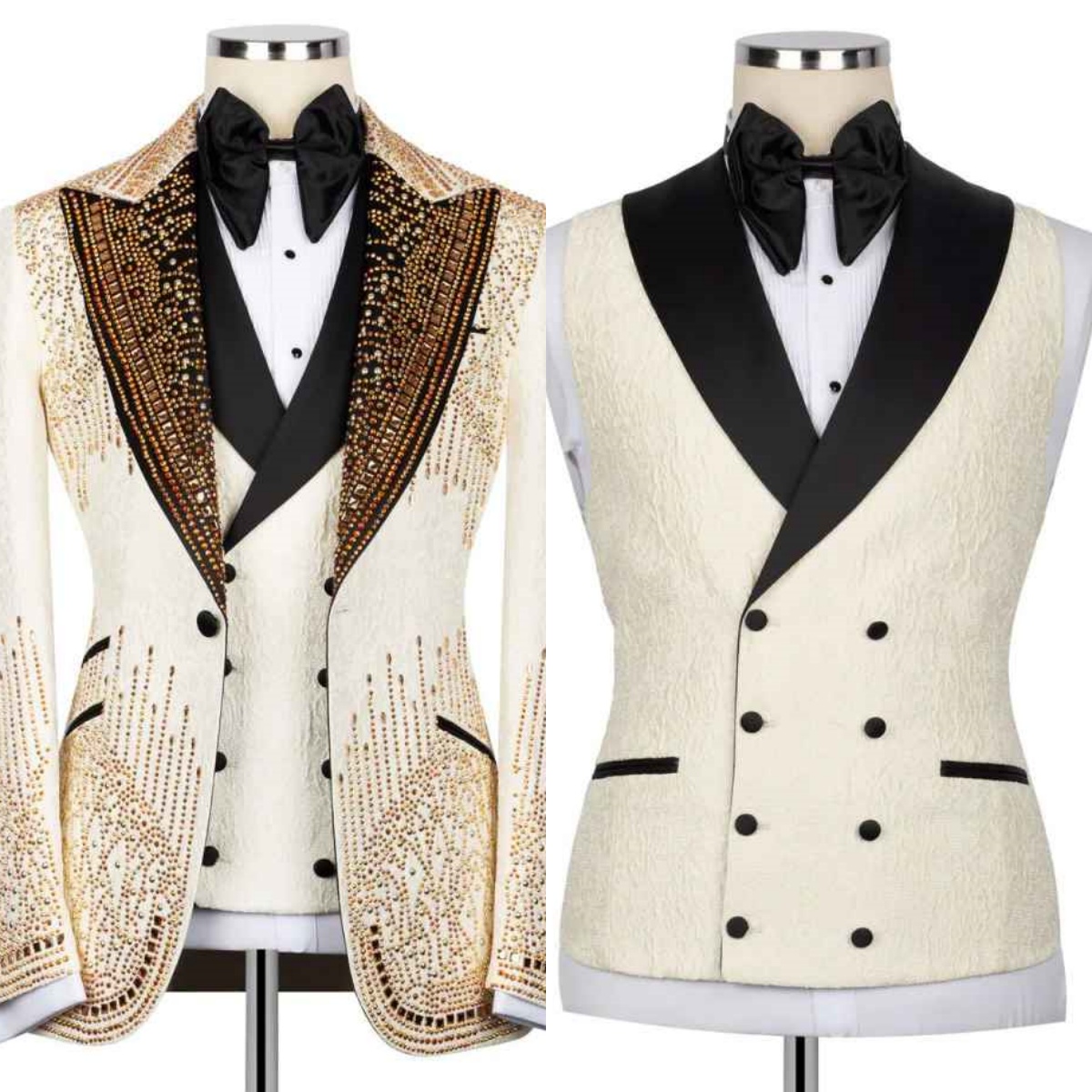 Luxurious Man Tuxedos 2 Pcs Jacket Vest Beaded Jacquard Men Suit Handsome Peaked Lapel Evening Wedding Groom Coat Customized