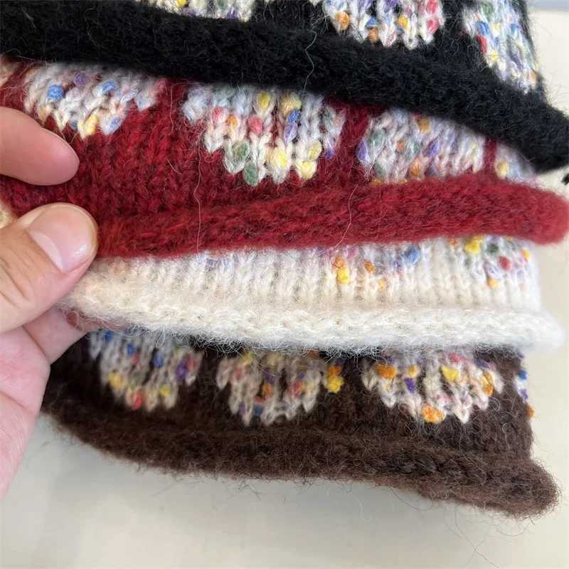 Korean Version Trendy Jacquard Knitted Bucket Hat Women Sweet Preppy style RolledBrim Beanie Female Autumn Winter J251022