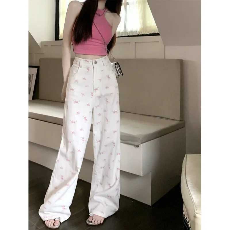 White floral straight jeans womens early autumn new thin loose high waist covered Joker slim casual wideleg pants jeansT251022