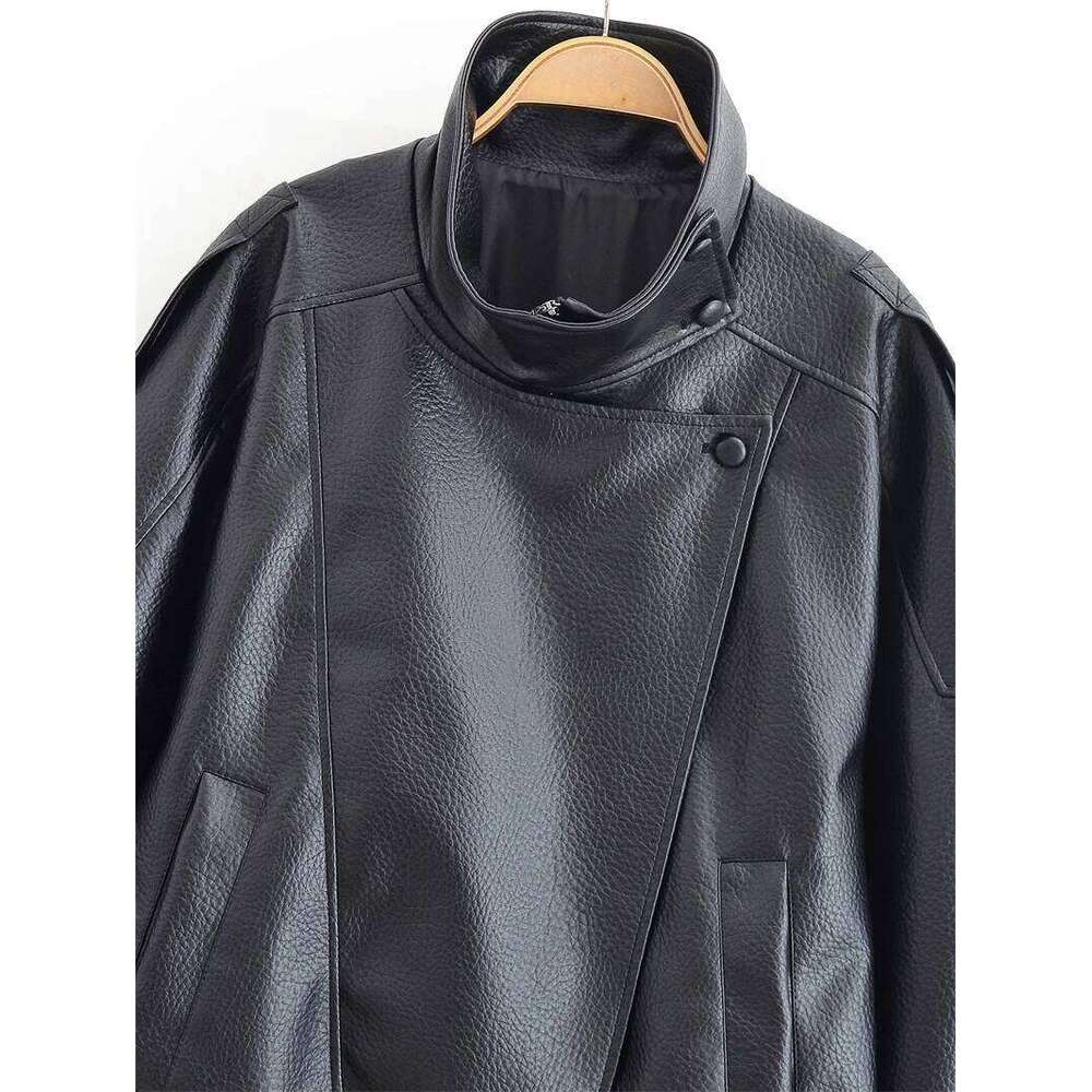 Women's Fall 2025 New Black Long Sleeve Pebble Faux Leather Jacket Motorcycle Style Personality Fashion