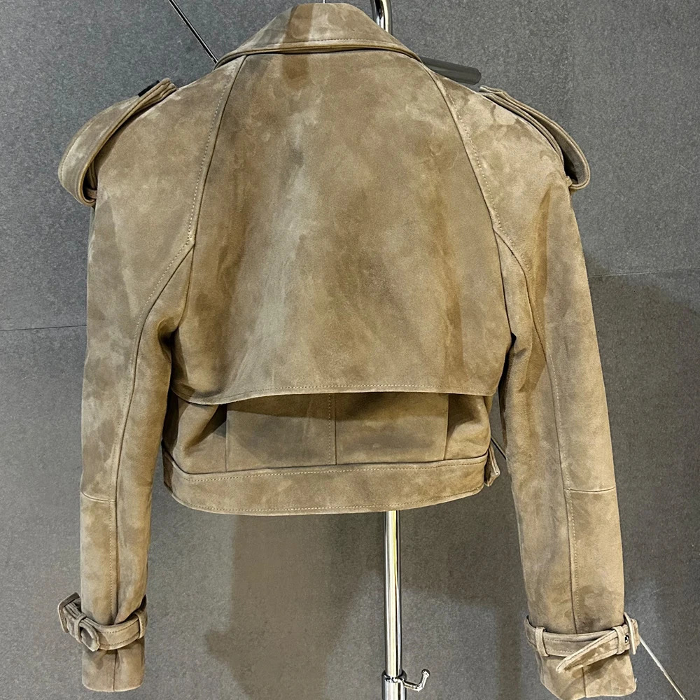 Light Gray Suede Leather Jacket Women Natural Sheepskin Padded Shoulder Jackets 251017