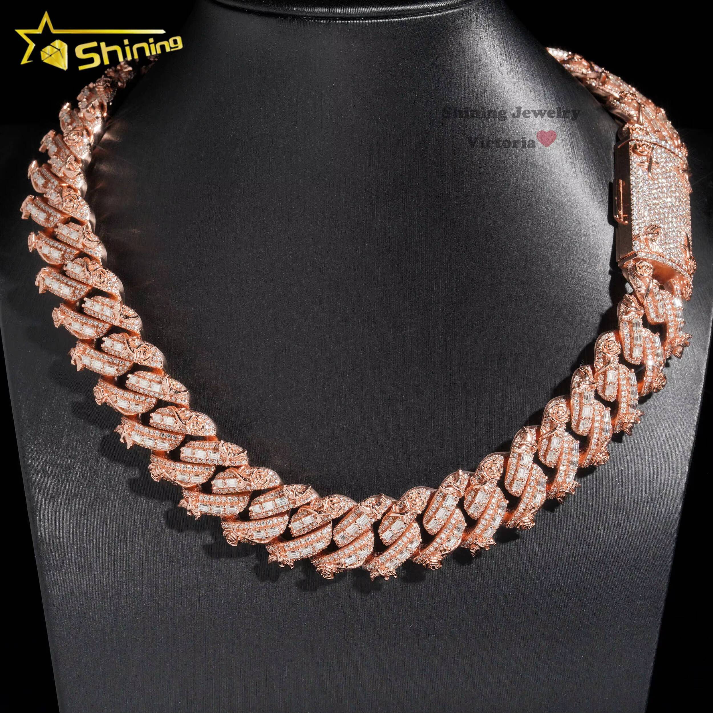 New Design Rapper Jewelry 20mm Rose Gold Bird Cuban Chain Sterling Silver Hip Hop Miami Vvs baguette Moissanite Cuban Link Chain