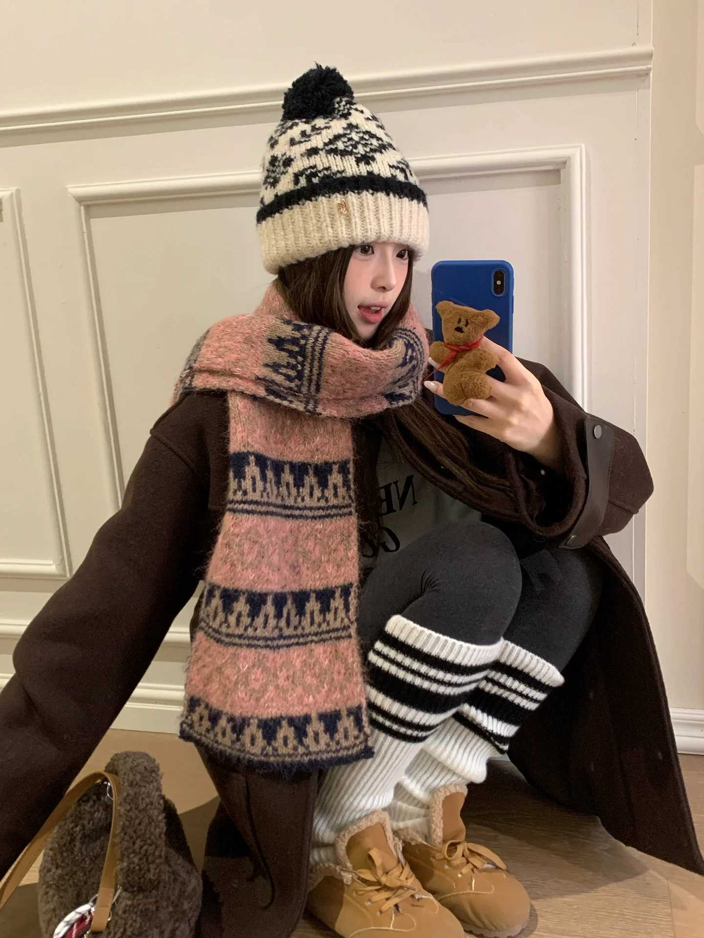 Brown HighEnd Fair Lsle Style Knitted Scarf For Women Thickened And Warm For Autumn And Winter Korean Version Outdoor Use J251022