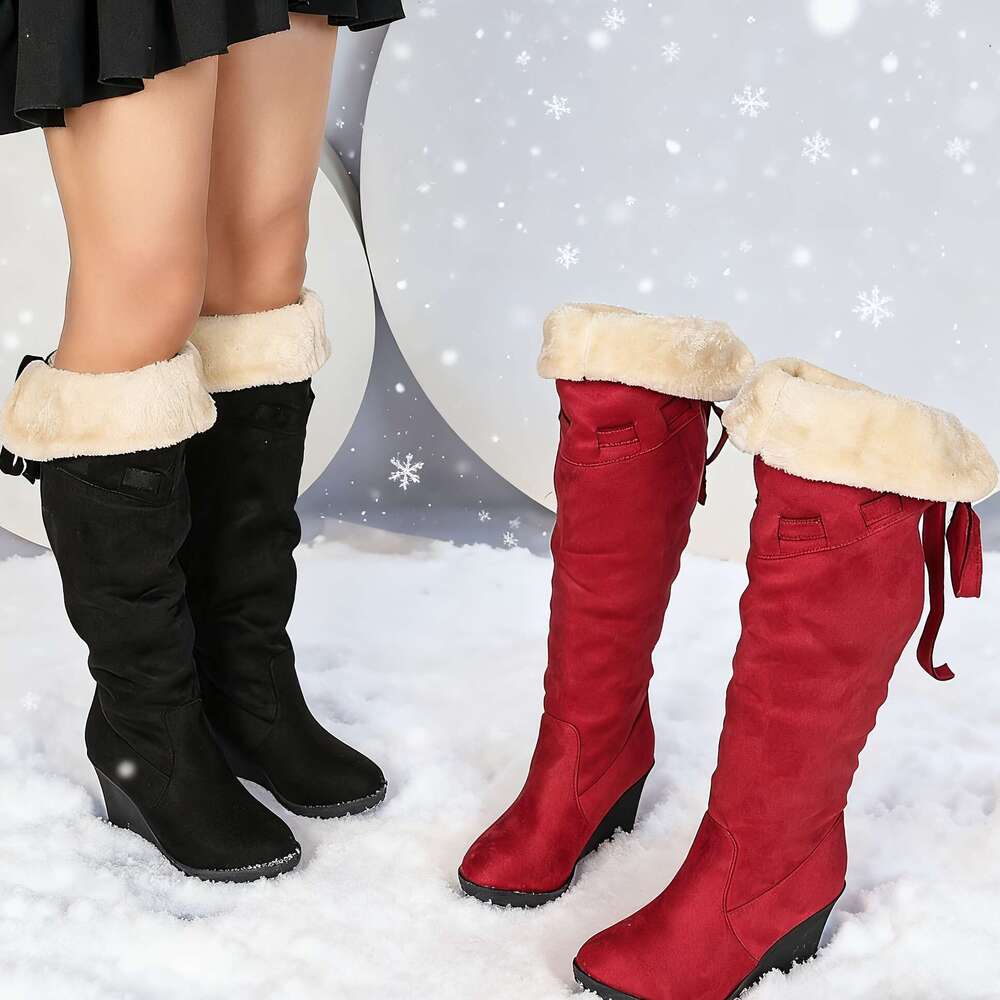 Women's Winter Slip-On High-Heel Knee-High With Fleece Lining Thick Rubber Sole - Sexy Western Style Round Toe Boots In Black Red, Hand Washable 