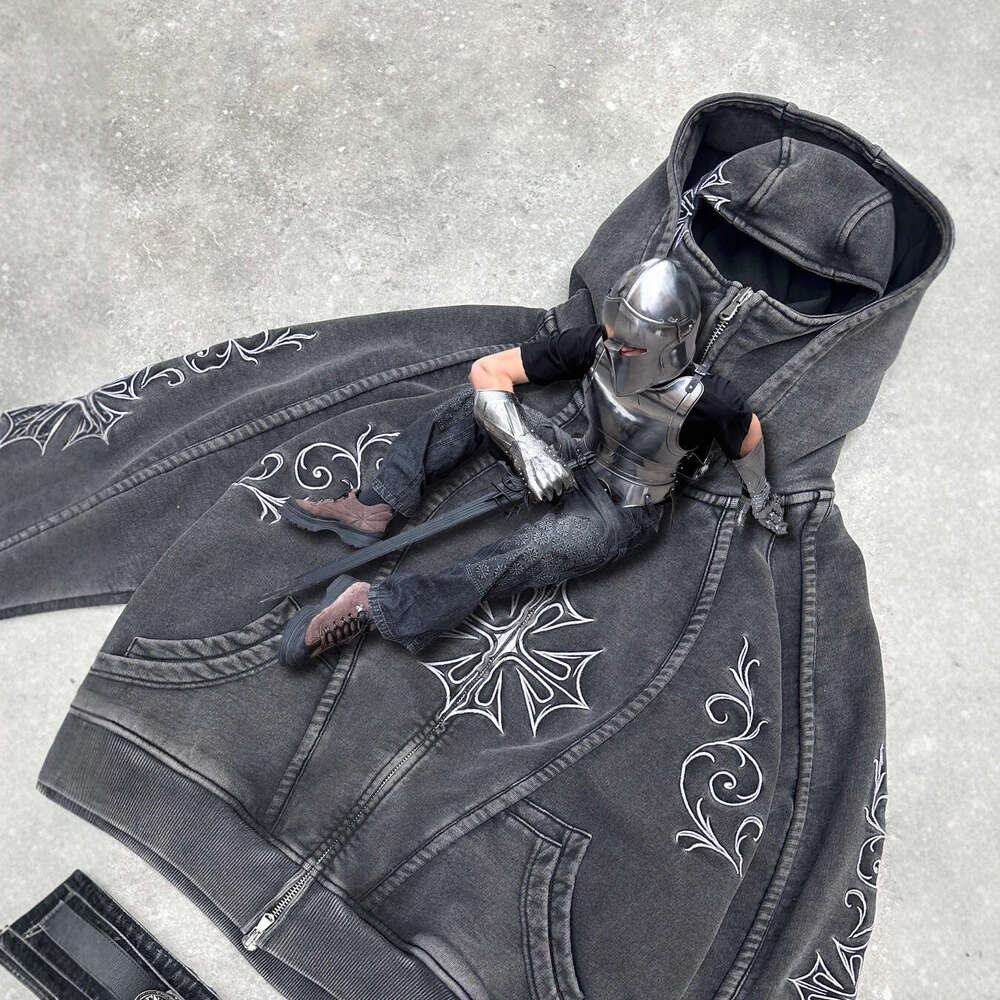 Trendy Brand Winter New Washed Vintage Personalized Embroidered for Men Street Gothic Style Double Hood Sweatshirt