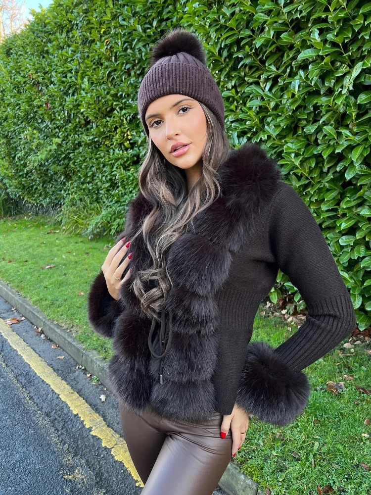 Faux Fur Patchwork Knitted Cardigan Women Fashion Elegant Vneck Long Sleeve Lace Up Jackets Winter Lady Street Outwear 251016