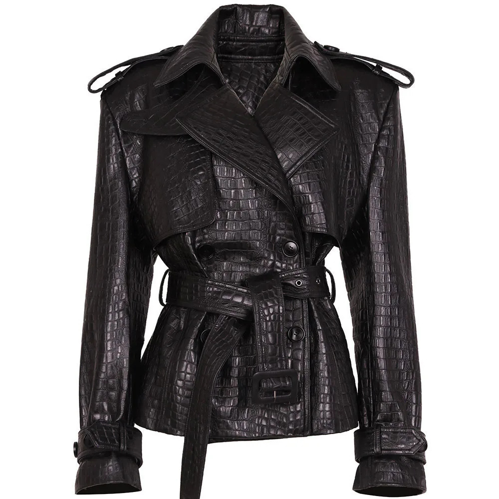YOLOAgain Double Breasted Croc Pattern Leather Jacket Women Autumn Genuine Ladies 251021