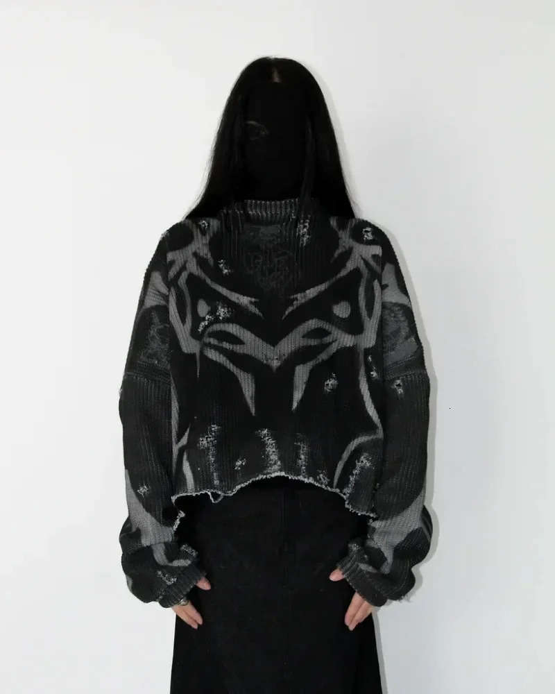 Black Gothic Print Pullover Long Sleeve Knitted Sweater Men and Women Y2k Harajuku Striped Tear High Street Punk Slim Sweaters 251020