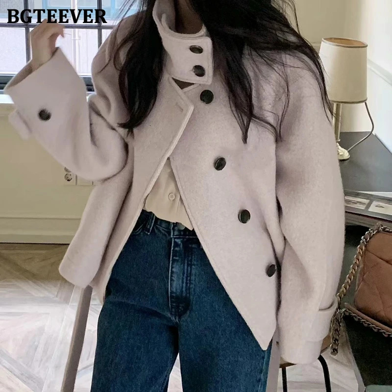 BGTEEVER Elegant Thicken Warm Stand Collar Female Woolen Coats Long Sleeve Singlebreasted Laceup Women Blend Jackets 251021