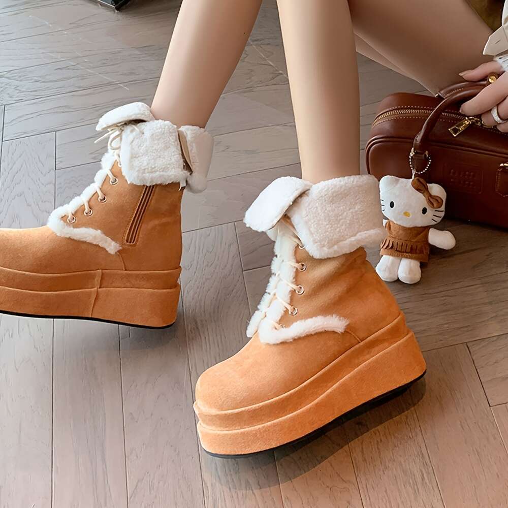 Faux Fur Suede Women's Snow Wedges High Heeled Platform Winter Warm Plush Shoeslace Sweet Cute Furry Fluffy Mid Calf Boots For Woman Shoes