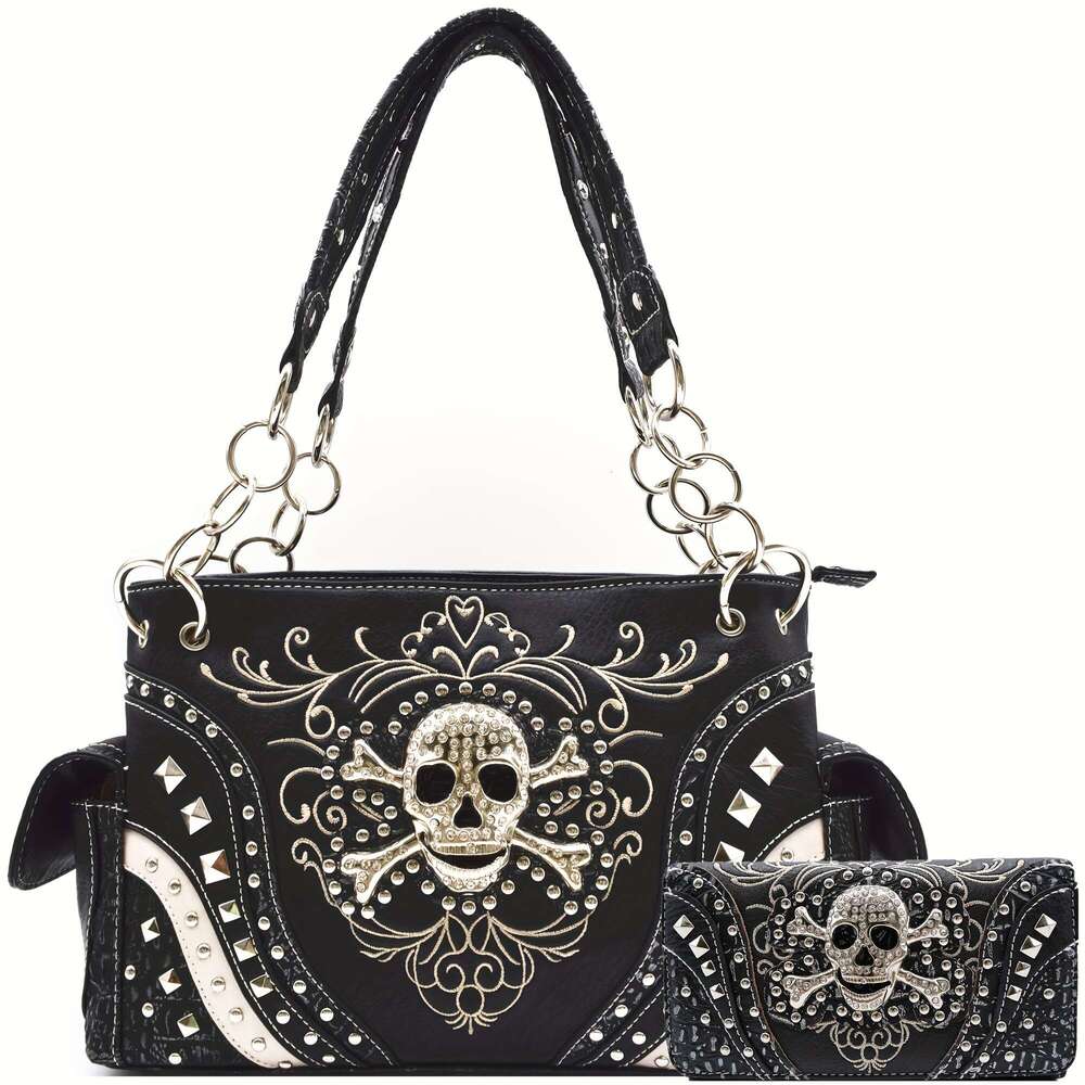 Punk Gothic Rock Metallic Day Of The Dead Floral Sugar Skull Faux Leather Purse Women Handbag Shoulder Bag Wallet Set