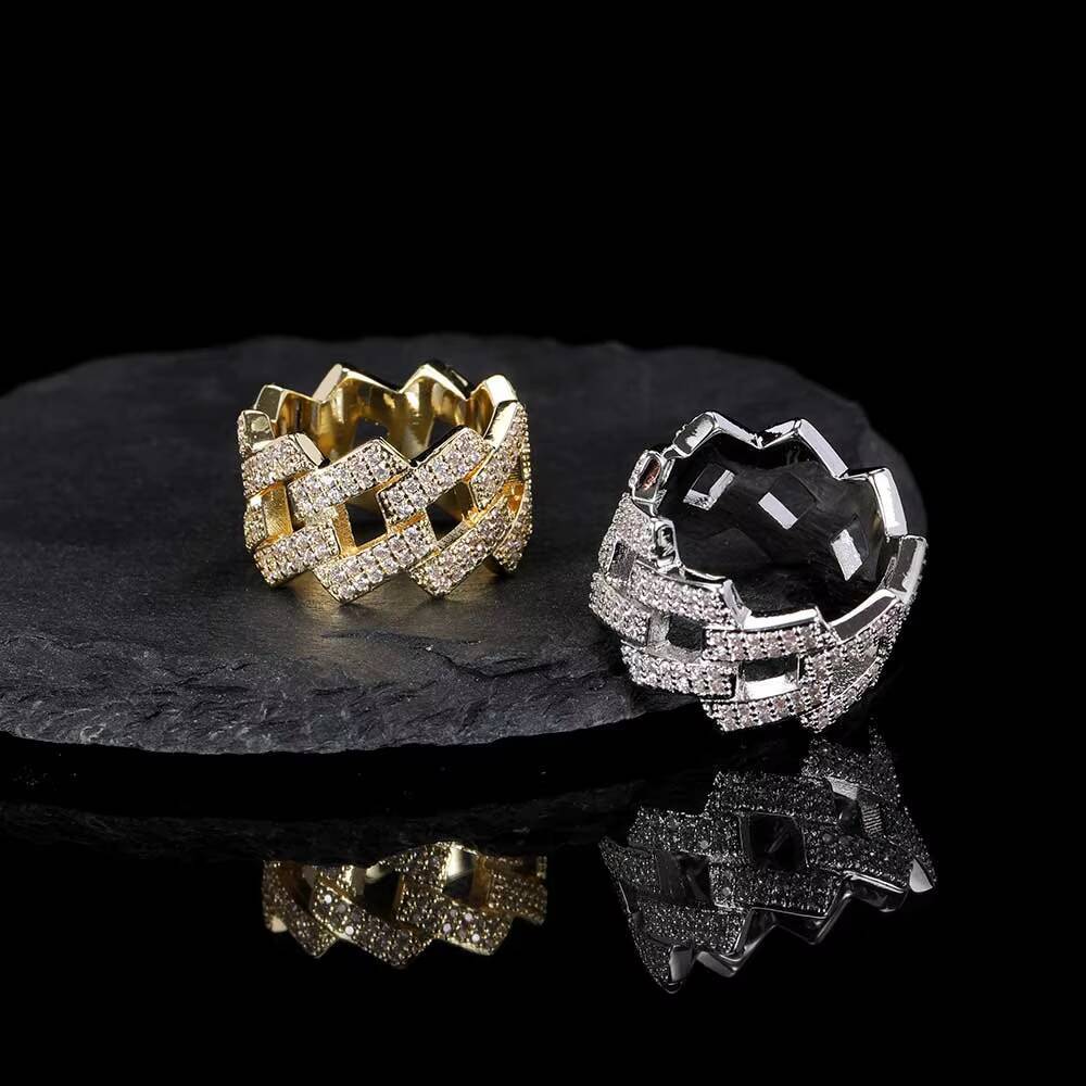 Hip Hop Iced Out Men Ring Silver Gold Plated Brass Setting Zircon Cuban Ring Jewelry