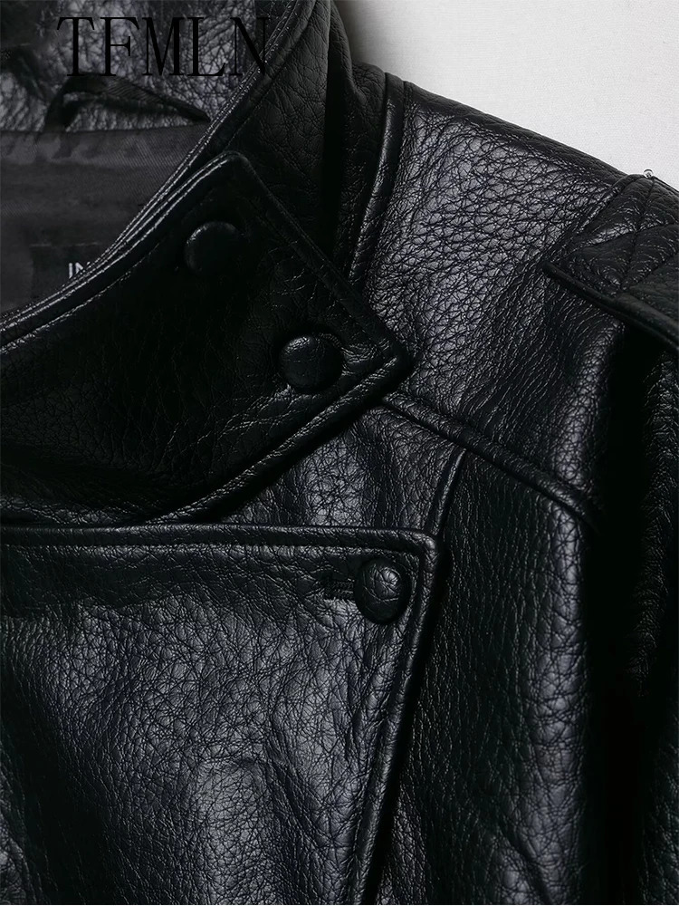 TFMLN Women Faux Leather Loose Jacket High Street Stand Collar Long Sleeve Coat Fashion Causal Zipper Outwear Autumn Winter 251021