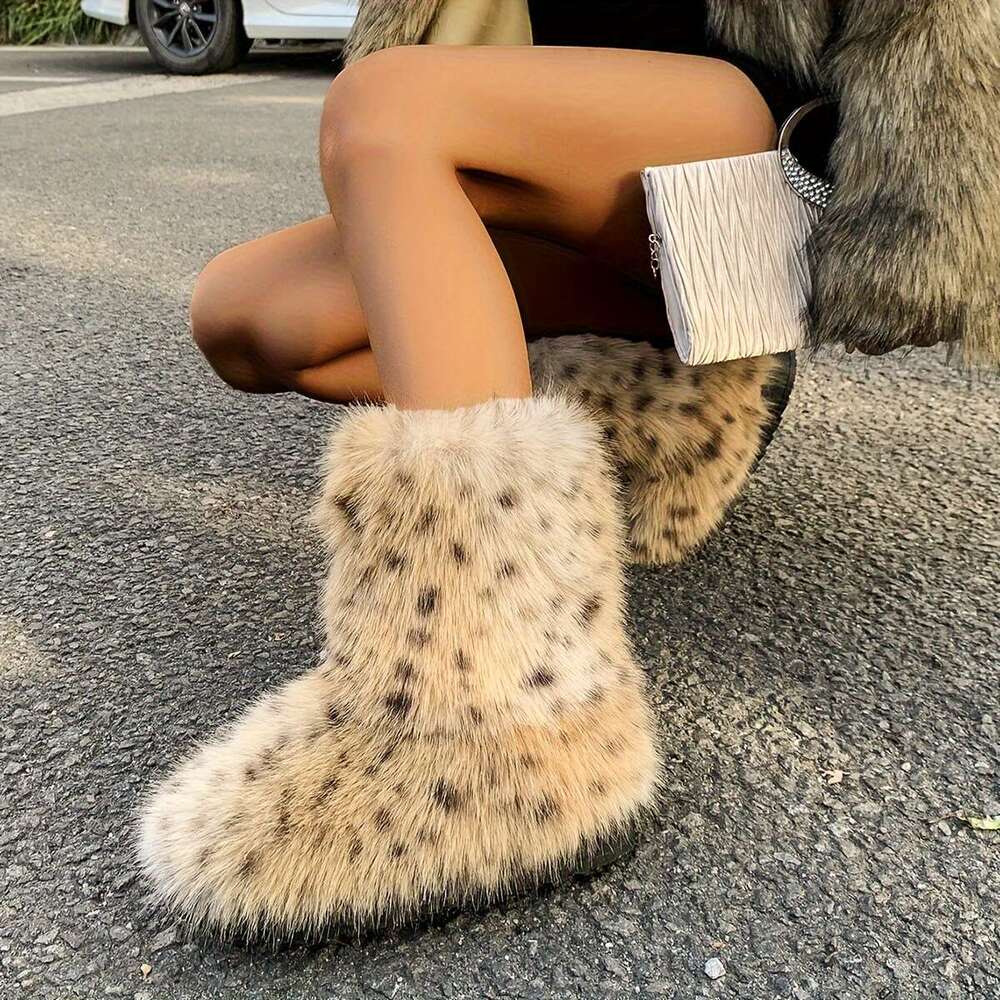 Women's Ry Snow Boots Warm Plush Fabric Lined Anti-Slip Rubber Sole Comfort Fluffy Winter Booties With Thick Platform