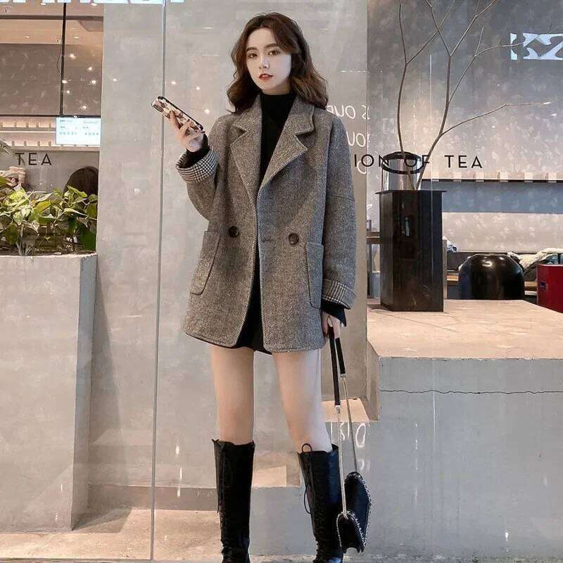 Autumn Hot Sale Of The Season Ladies' Casual British Style Woolen Suit Jacket Loose Fit Slimming Outerwear Pure Color Full Sleev