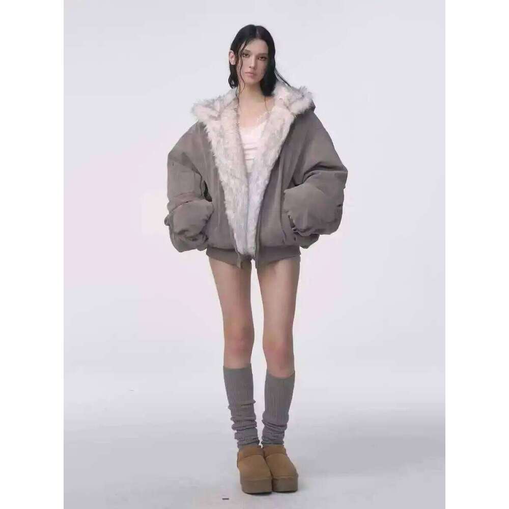 Winter American Retro Fur Women Padded Hooded Cotton-Padded Jacket Plush Casual Street Gothic Haruku Oversize Coat