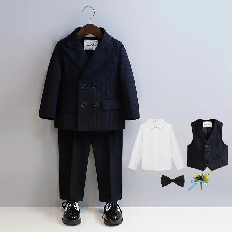 Kids Ceremony Attire blue Fashion Stripe Piano Performance Tuxedo Boys Wedding Suit Formal Children School Uniform Blazer Set 251021