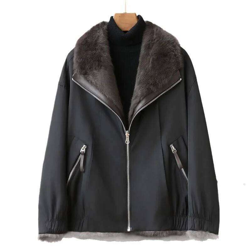 2025 High-quality Real Rabbit Hair Fur Parka Women's Autumn Winter Outdoor Coat Two-sided Wear Jacket Loose Outerwear Streetwear
