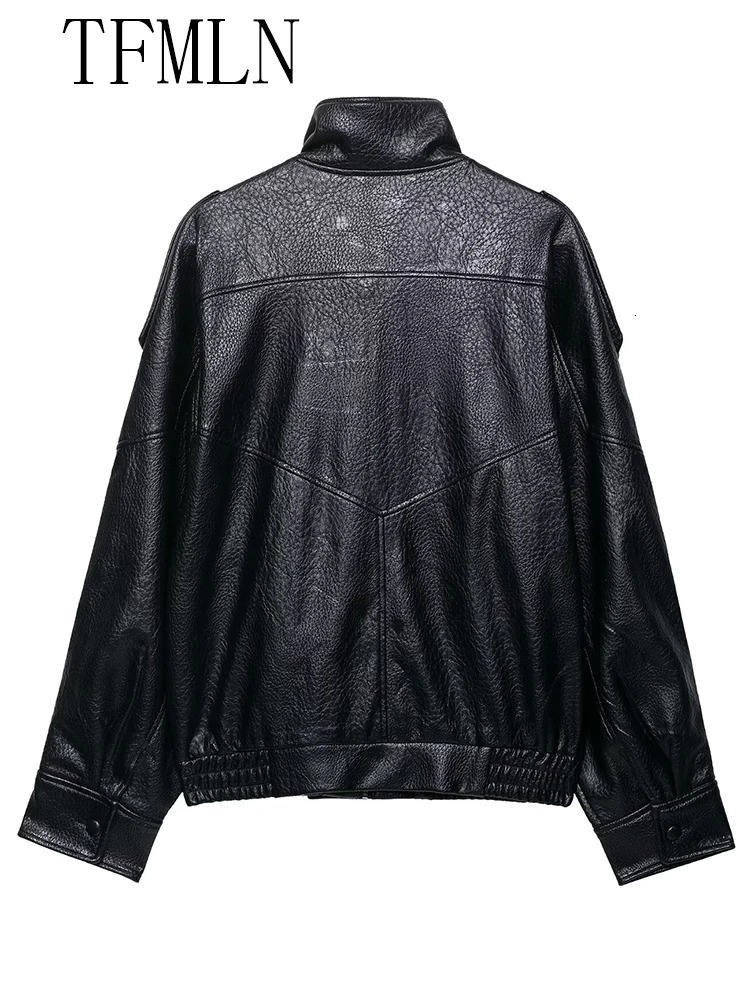 TFMLN Women Faux Leather Loose Jacket High Street Stand Collar Long Sleeve Coat Fashion Causal Zipper Outwear Autumn Winter 251021