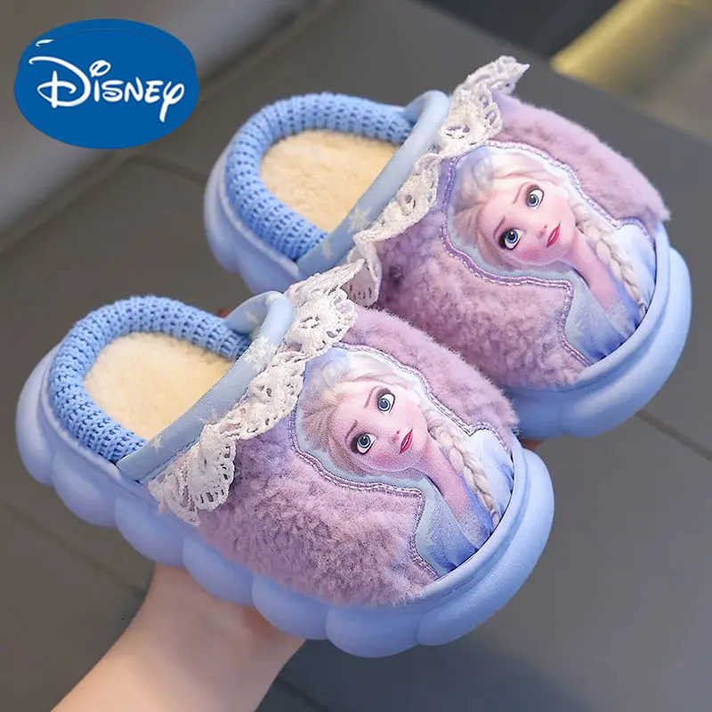 Disney Princess Elsa Frozen Slippers for Girls in Autumn Winter Indoor Warmth Non slip Childrens Plush Cotton Blue Purple Shoes H251022