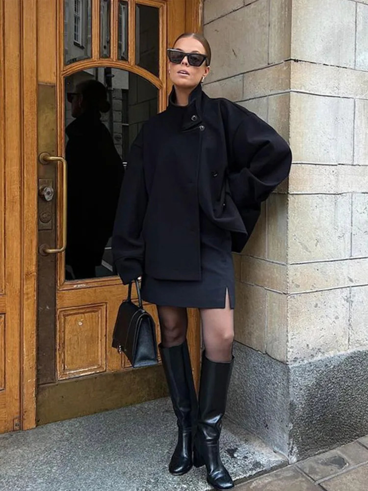 Fashion Womens Stand Collar Woolen Coats Long Sleeve Loose Female Short Coat Autumn Winter Office Lady Street Jacket 251021