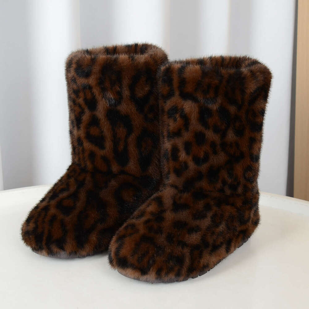 Women's Winter Warm Faux Plush Mid-Calf Slip-On Flat Round-Toe Casual Boots
