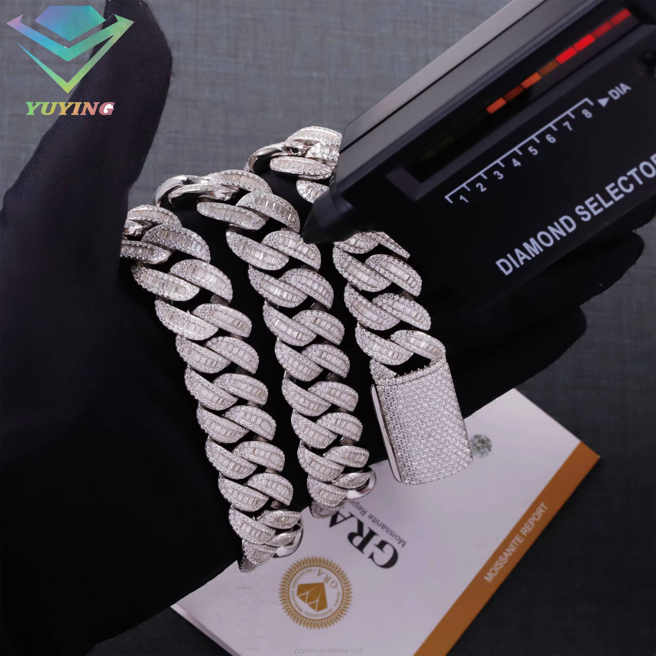 Best Price 16mm Width Baguette Moissanite Cuban Link Chain S925 Silver Iced Out Moissanite Hip Hop Mens Necklace Jewelry