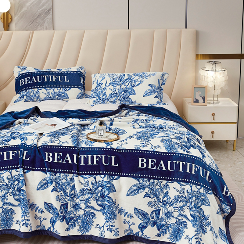 Designer Luxury Brand Skin-friendly Soft Throw Milk Fluff Nap Blanket with Plants and Flowers Camellia Pattern for Office /Bedroom /Travel /Gift W2603