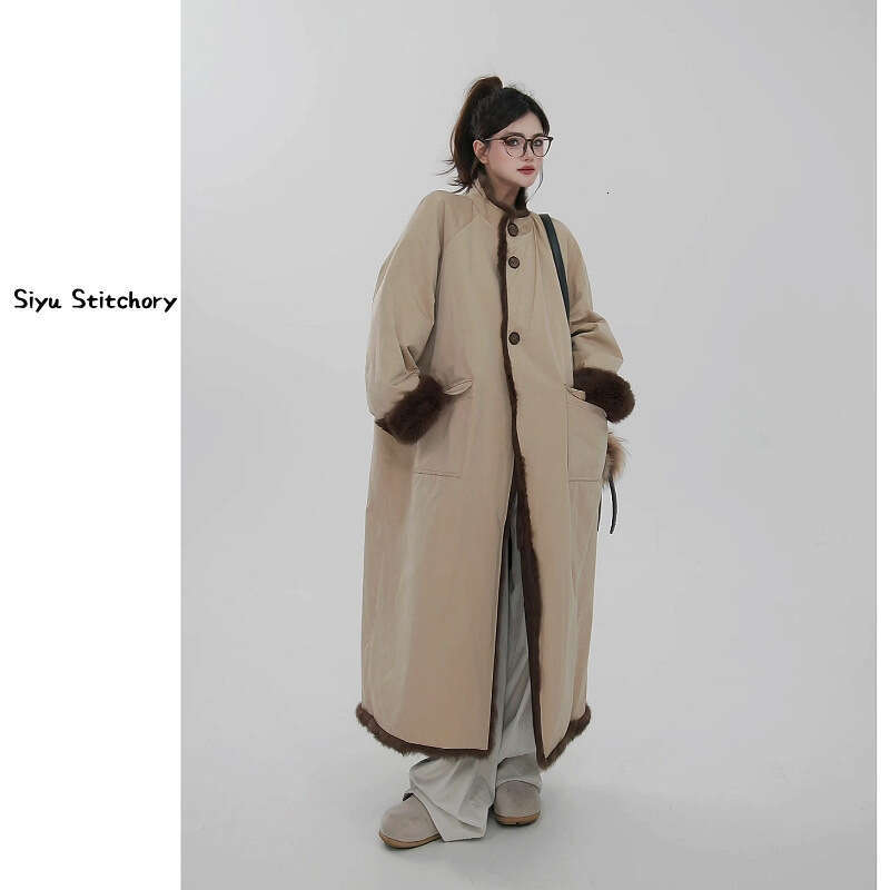 2025 Design New Angora Rabbit Long Reversible Fur Coat For Women Fur Coat Jacket Rabbit Fur Lining Sheepskin Collar Long Style Coat Clothing