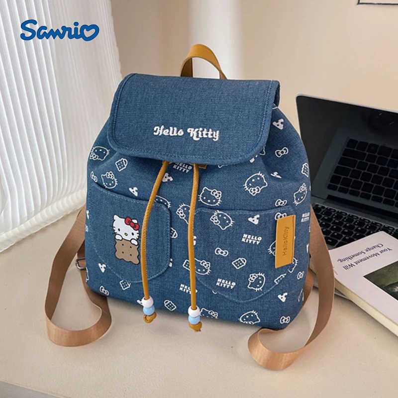 Sanrio Sanrios Hellokittys Large Denim Backpack for Women Cute Cartoon Bucket Bag Durable Handbag for Travel and Daily Use Girls Gifts L251022