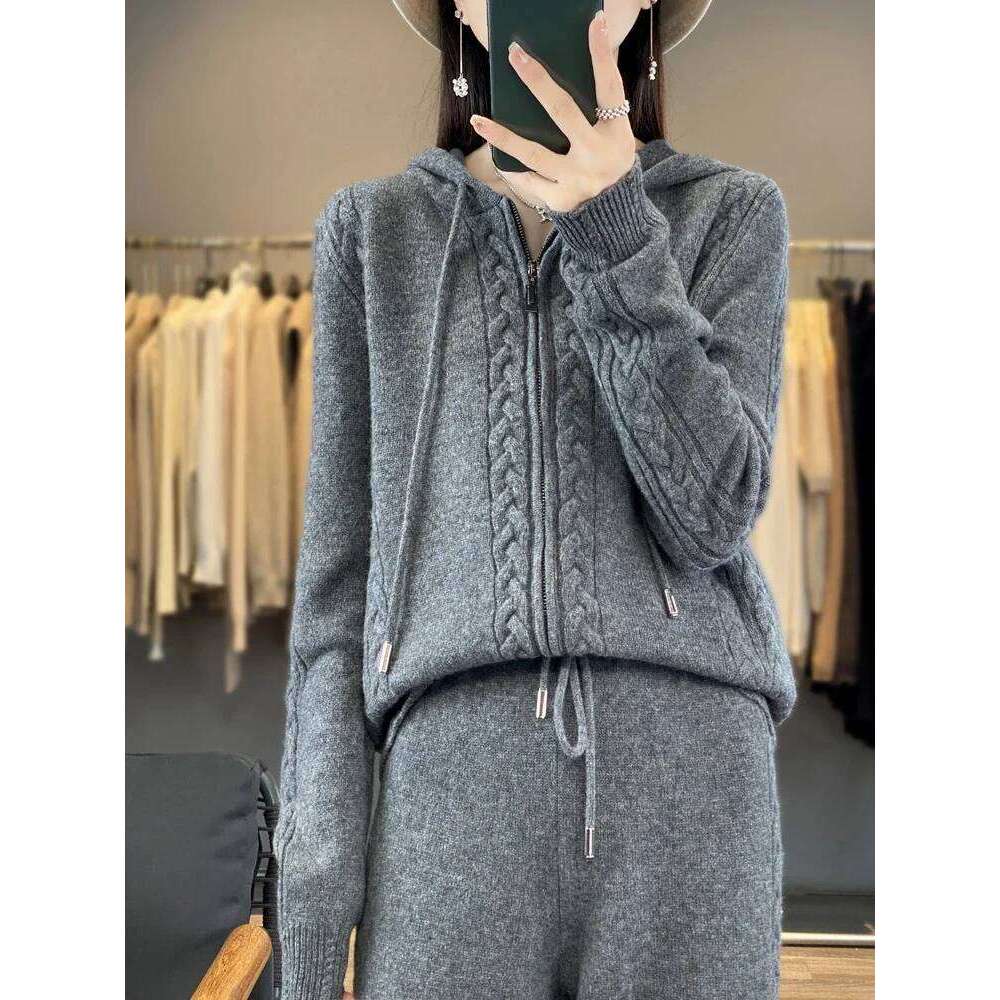 Women's Pure Cashmere Hooded Cardigan 2-Piece Set With Twisted Flower Design Loose Sweater And Wide-Leg Pants Wool Blend 251022