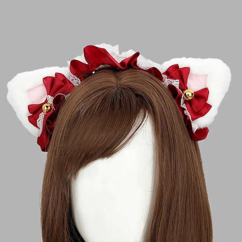 Lolita Maid HaiRBand Women Girls Ruffles Lace Hair Band Cat Ears Ribbon Bell Headband Cosplay Party Hair AccESSories V251022