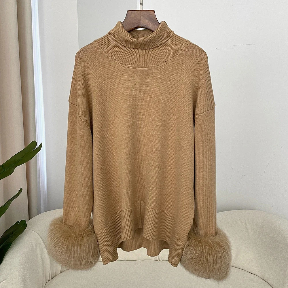 Sweater Women Autumn Winter Fashionable Sweaters with Fox Fur Sleeves Slim Fit Sweaters Fur Knitwear England Style 251016