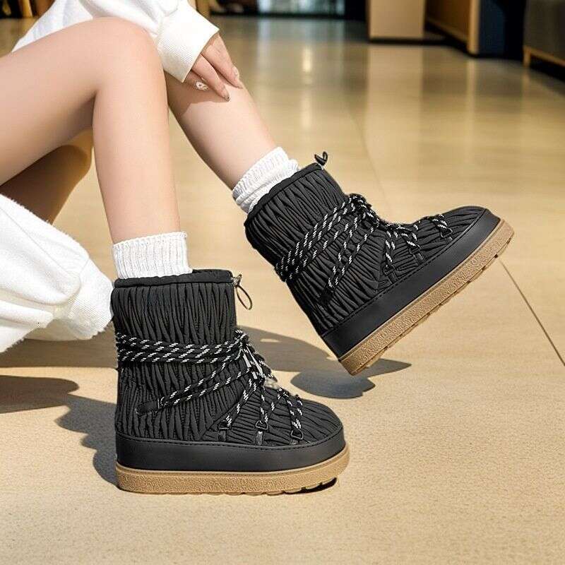 2025 New Style Wrinkled Nylon Lace-Up Thick-Soled Mid-Calf Ski Thickened Fleece-Lined Warm Snow Boots