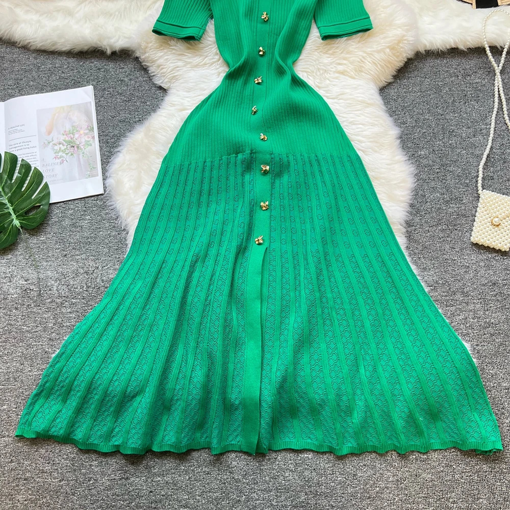 YuooMuoo Fashion Vintage Turndown Collar Knit Maxi Dress Elegant Singlebreasted Aline Long Shirt Dress Lady Vestidos 251020