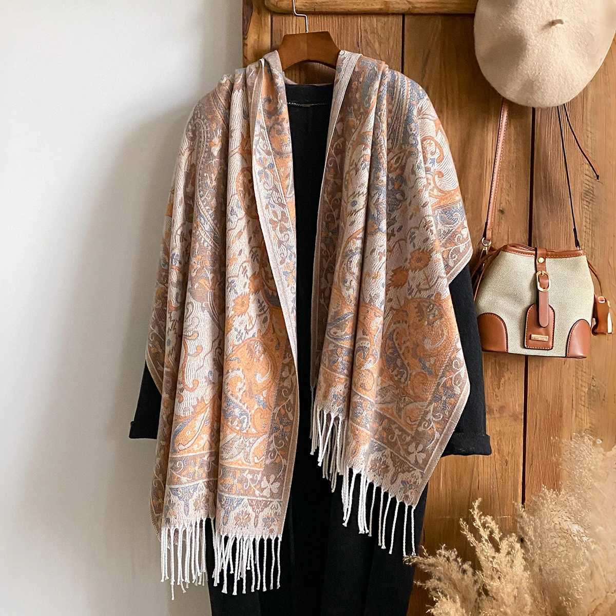 Winter Womens Thick Shawl National Style Warm Long Tassel Scarf with Flower Embellishment Versatile Poncho Stole J251118