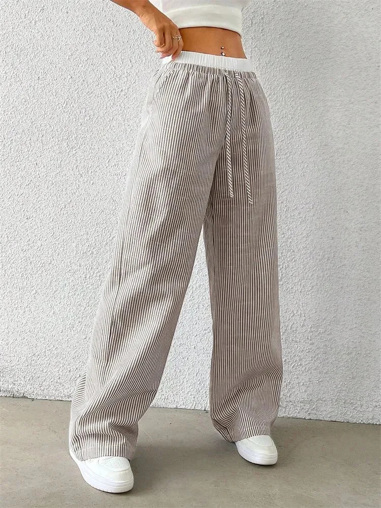 Casual Striped Woven Wide Leg Pants for Women Autumn Winter Casual Stylish Full Length Trousers Y2K Clothes Streetwear 251022