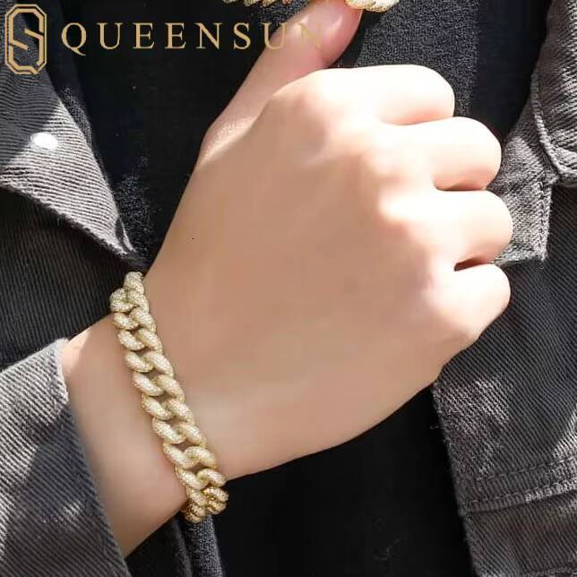 Queensun 18K Solid Gold Moissanite Hiphop Chain Link Bracelet 12mm Miami Cuban Party Bangles with Diamond White Gold Material