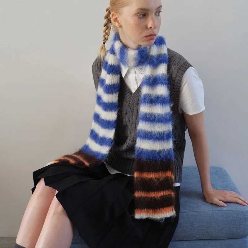 Korean Version Contrast Color Striped Knitted Scarf Women Soft Fluffy Rainbow Skinny Scarves Female Warm Muffler Autumn Winter J251022
