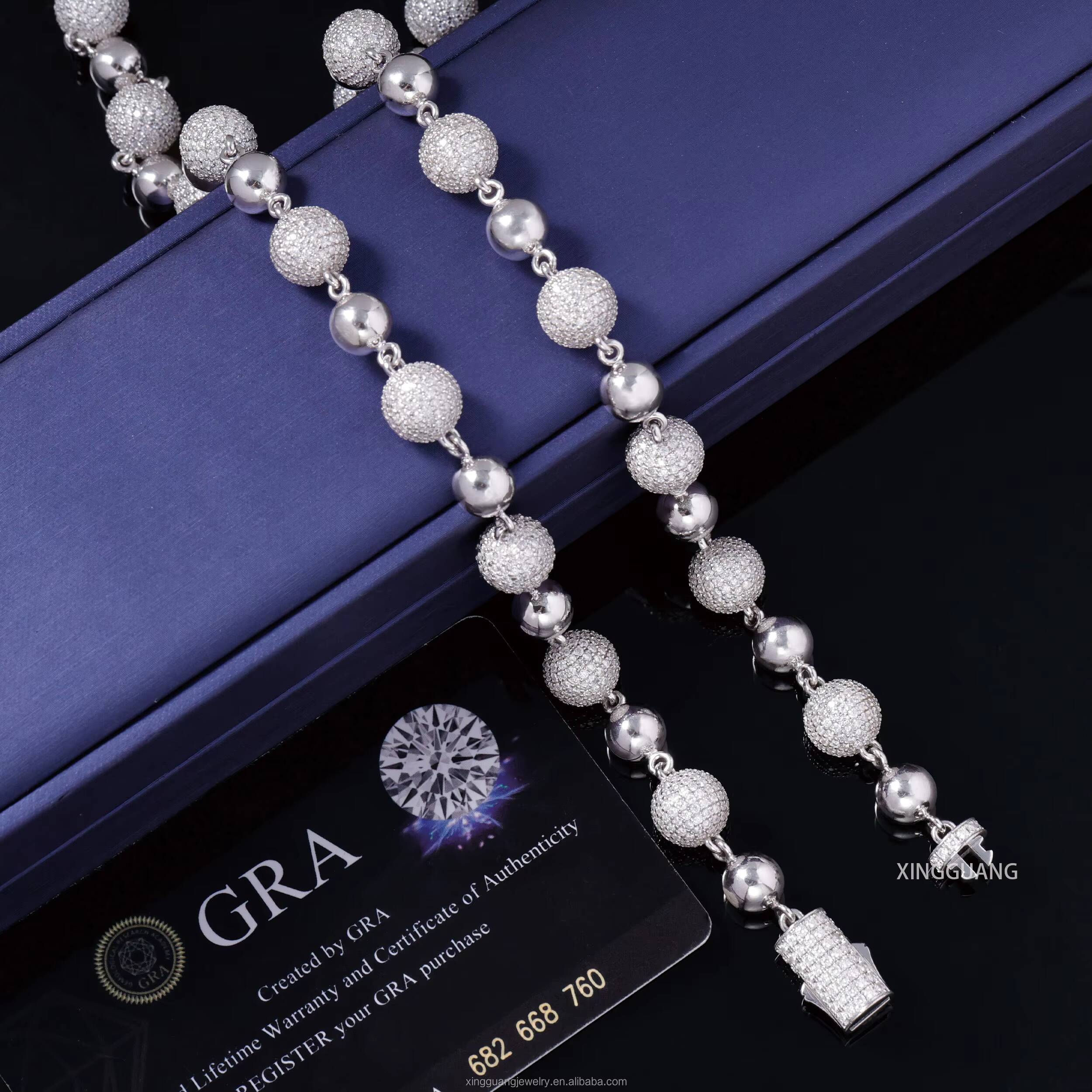 Yu Ying 925 Sterling Silver Cuban Chain 10mm Width Moissanite Diamond Ball Shape Hip Hop Necklace Cuban Lidynamic Chain