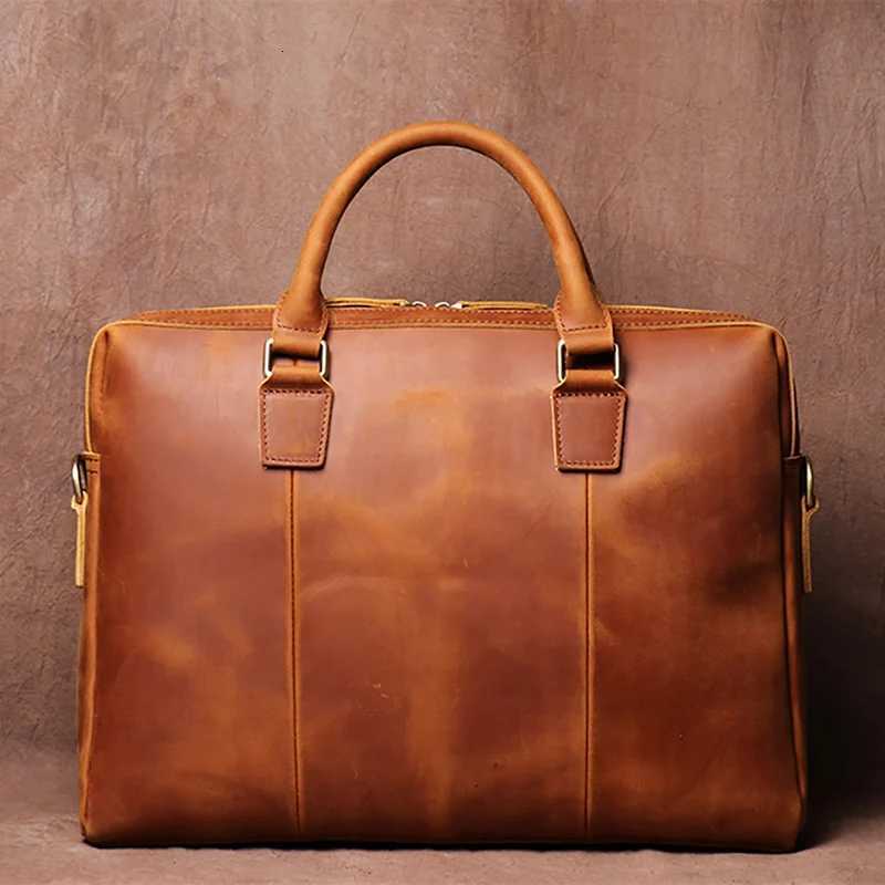 Vintage Cowhide Leather Lightweight Handbag Mens Business Office Briefcase 15 Notebook Laptop Bag Man Fashion Messenger Bag W251022
